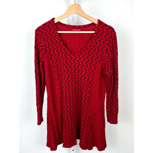 TIANELLO  M Peyton Tunic Top 3/4 Sleeve V-Neck Knit Shirt Textured Stretch Red